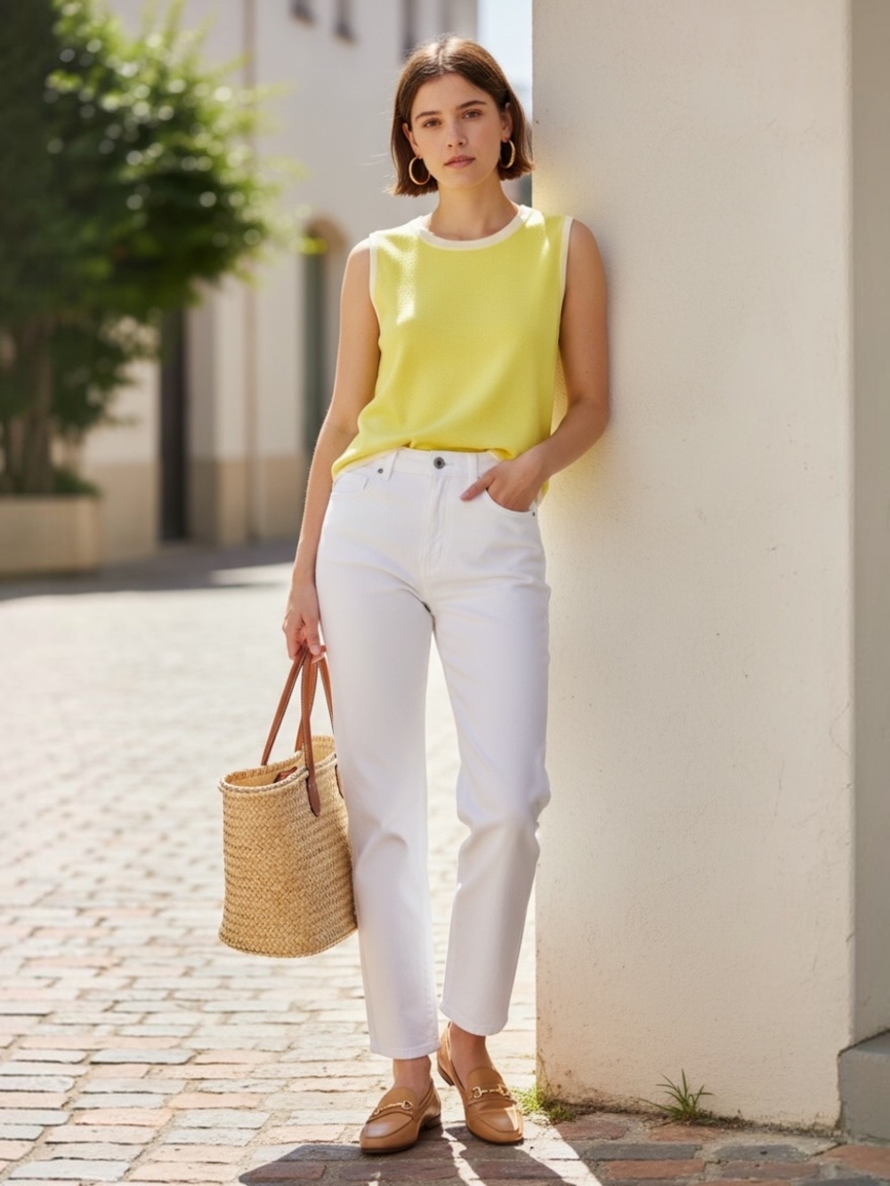 Talbots Petite Neon Yellow Sleeveless Knit Sweater Shell Contrast Trim PS
